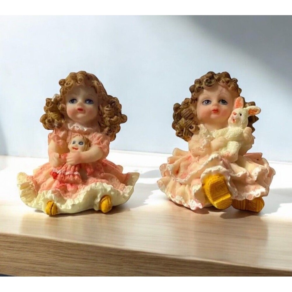 Vintage Victorian Child Holding Doll Plush Miniature Resin Figurines 3"- Qty 2